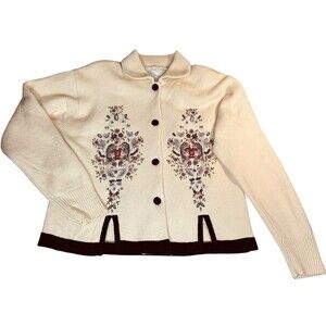Vintage Wool Cardigan Sweater Embroidered Beaded Large Grandmacore Cottagecore